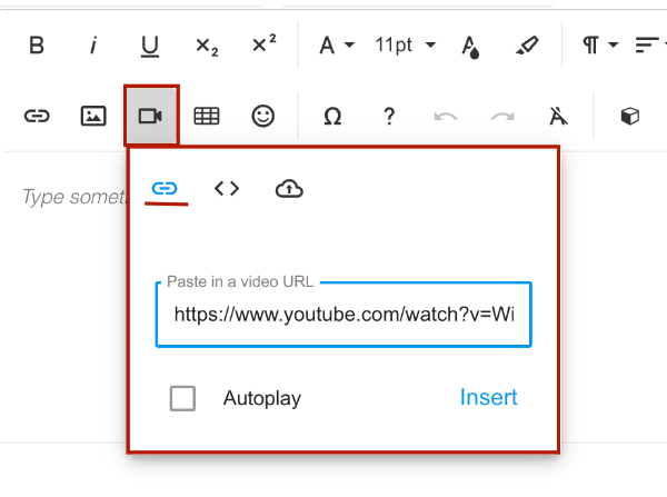 Screenshot of the URL button in the Insert Video menu