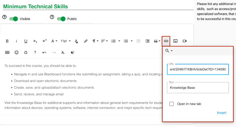 Screenshot of Insert Link button in Simple Syllabus