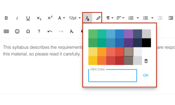 Screenshot of Text Color and Text Background tool in Simple Syllabus