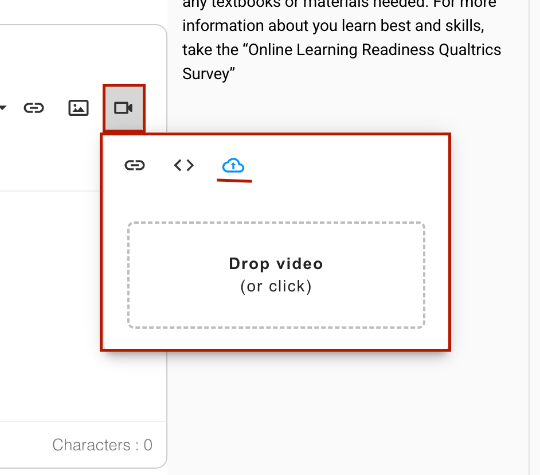 Screenshot of Upload Video button in the Insert Video menue