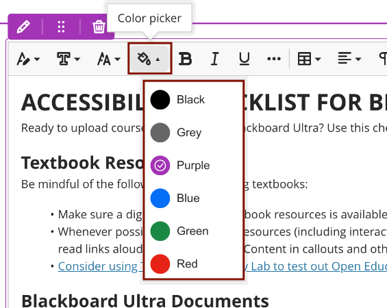 Color Picker tool Screenshot of the Color Picker tool in Bb Content Editor.