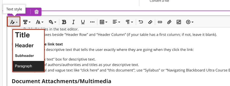 Text Style Icon Screenshot of the Text Style Icon and all the associate styles in the Bb Content Editor.