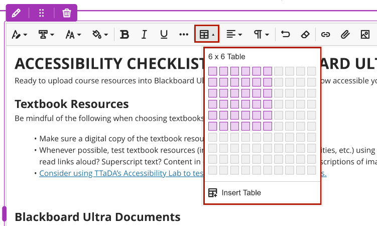 Insert Table Screenshot of the Insert Table option in Bb Content Editor.