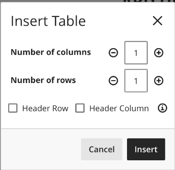 Designate Table Dimensions Screenshot of the dialogue box for specifying the dimensions of the table.