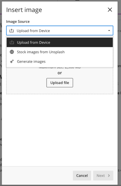 Upload Image option Screenshot of the Upload Image option in the Bb Ultra Content Editor.