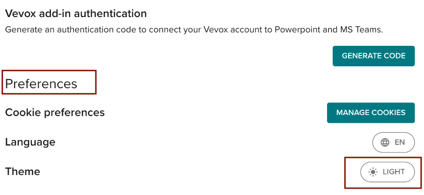 Preference option in the Creator Dashboard of Vevox