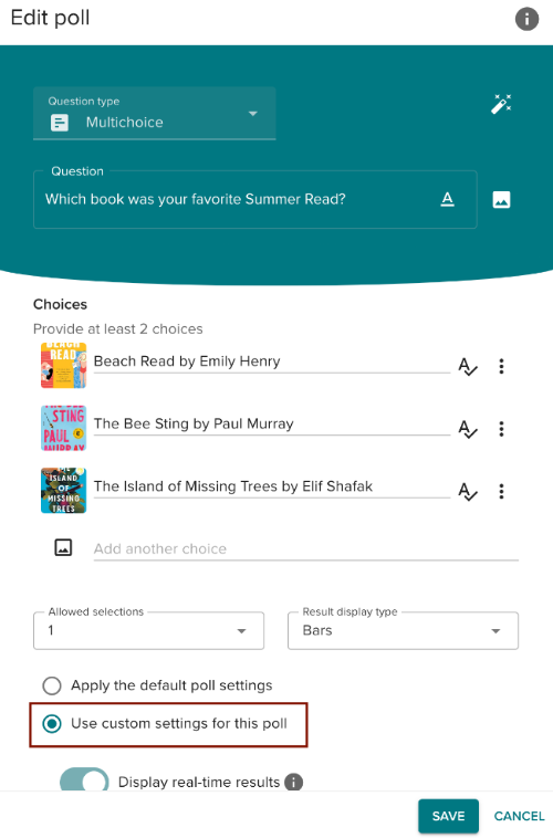 Enable the Use Custom Settings for this Poll option to disable the countdown timer music.