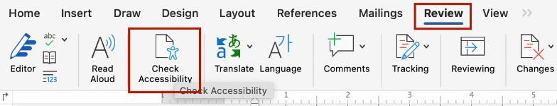 Screenshot of where to find the Accessibility Checker in Microsoft Word. 