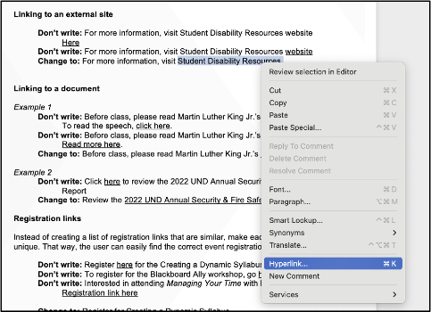 Screenshot of the Edit Hyperlink option. 