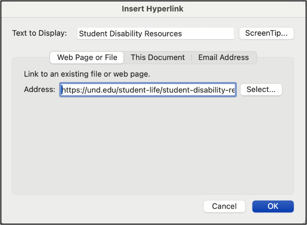 Screenshot of the Hyperlink dialogue box. 
