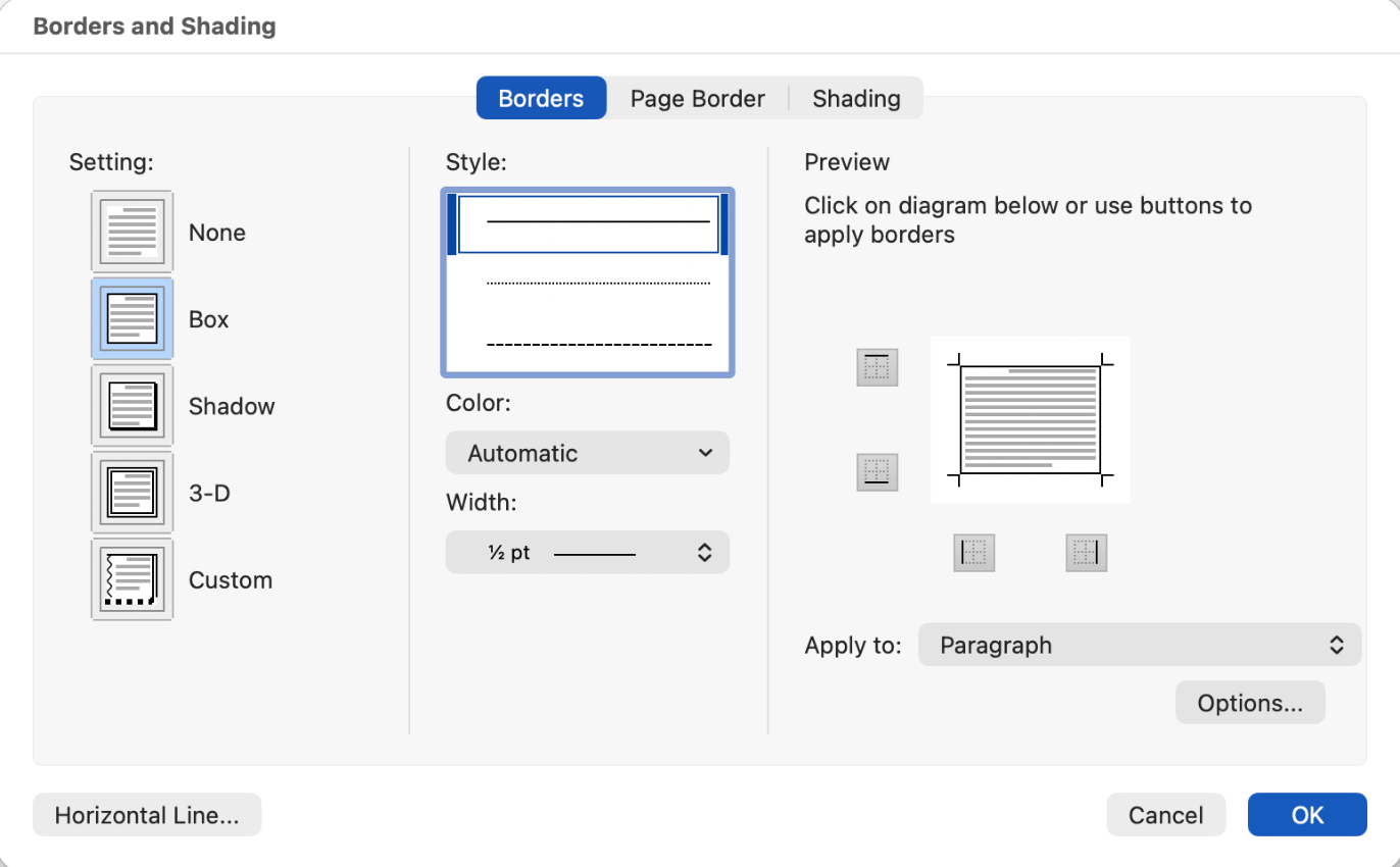 Screenshot of the Borders and Shading box. This box populates when you select the Borders and Shading customization button on the Borders menu. 