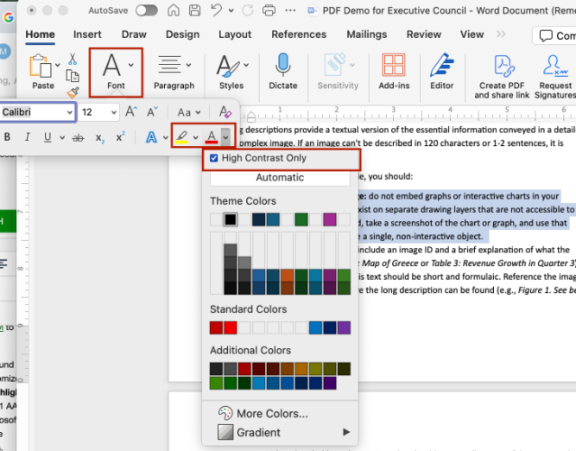 Screenshot of High Contrast Only colors in Word. 