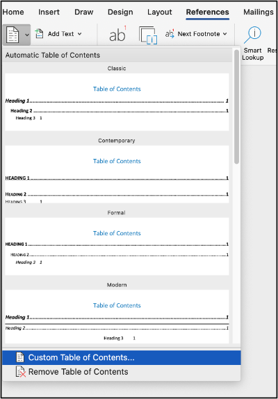Screenshot of the Custom Table of Contents option. 