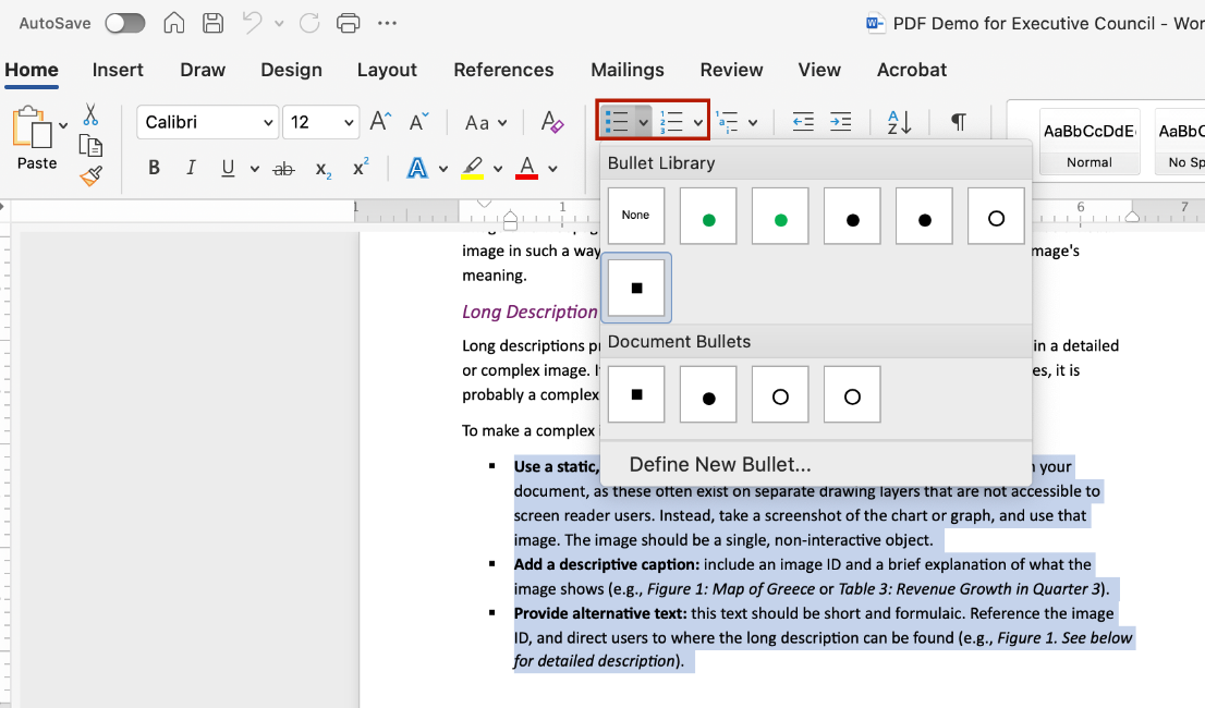Screenshot of the Numbered and Bulletted list option.