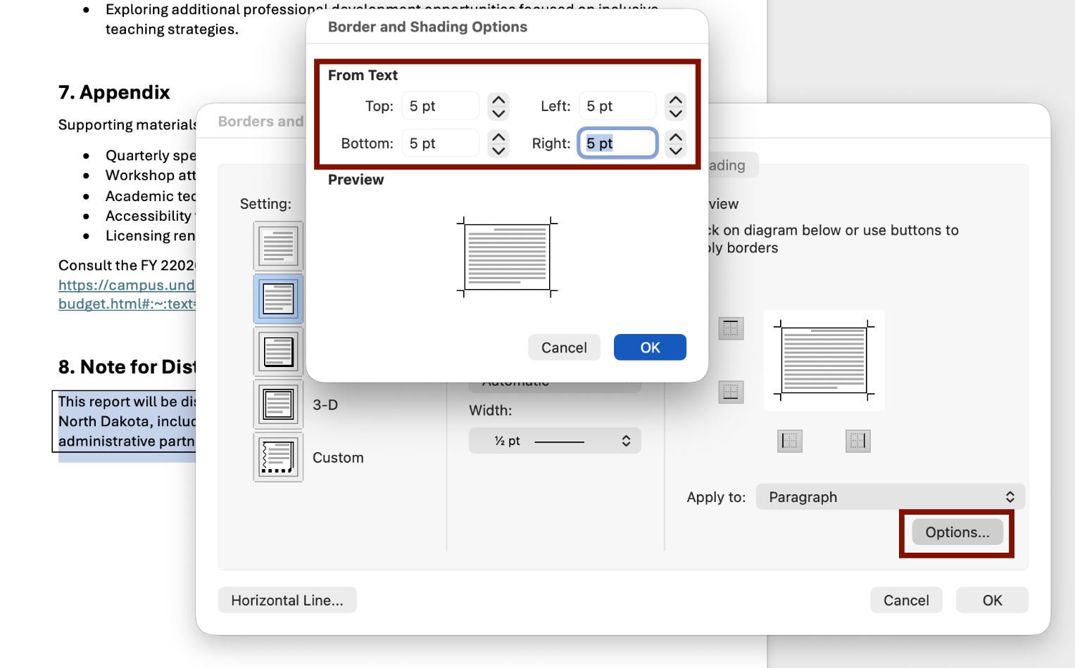 Screenshot of the Dialog box that populates when you select the Options button in the Borders and Shading dialog box. This is where content creators can adjust spacing around text. 