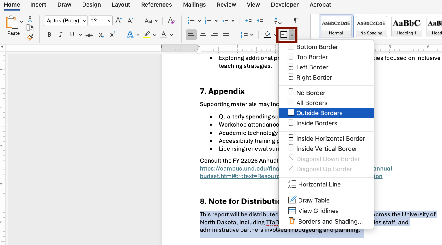 Screenshot of the Borders button under the Home tab. The Outside Borders option is selected from the menu. 