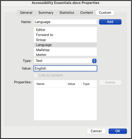 Screenshot of the Properties Dialogue box. 