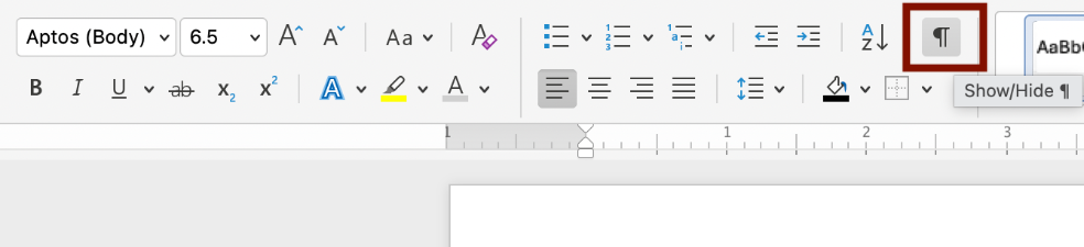 Screenshot of the Show/Hide button on the Home tab, under the Paragraph section. 