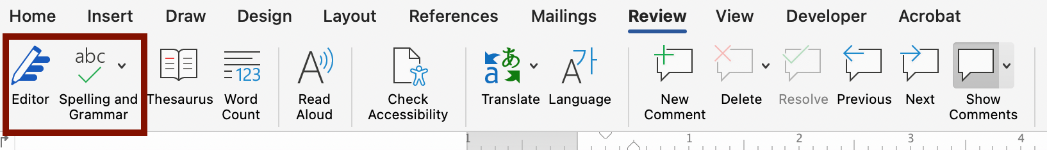 Screenshot of the Editor tool and the Spelling and Grammar tool, located in the Review tab.