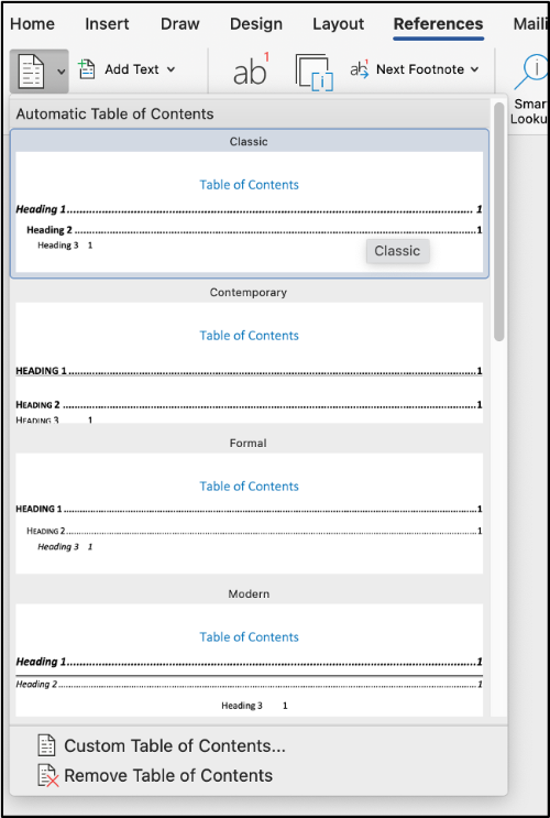 Screenshot of the Table of Contents styles available. 