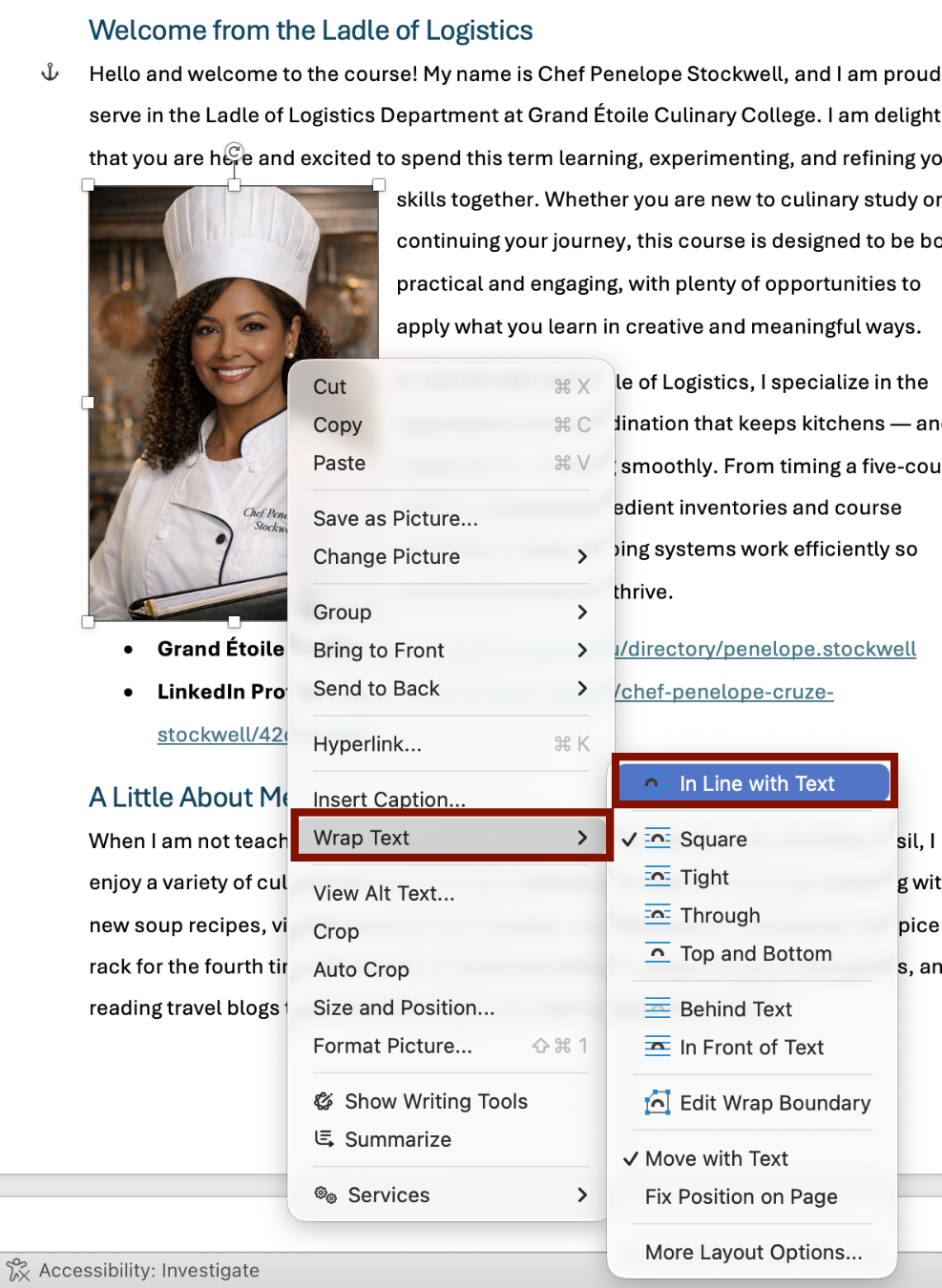 Screenshot of the Wrap Text option, accessed by right-clicking on an image. In Line with Text has been selected. 