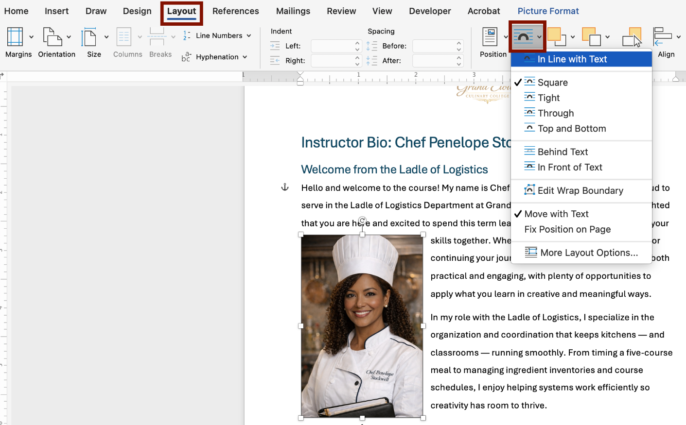 Screenshot of the Layout tab with the Wrap Text button outlined. In Line With Text is selected from the Wrap Text menu. 
