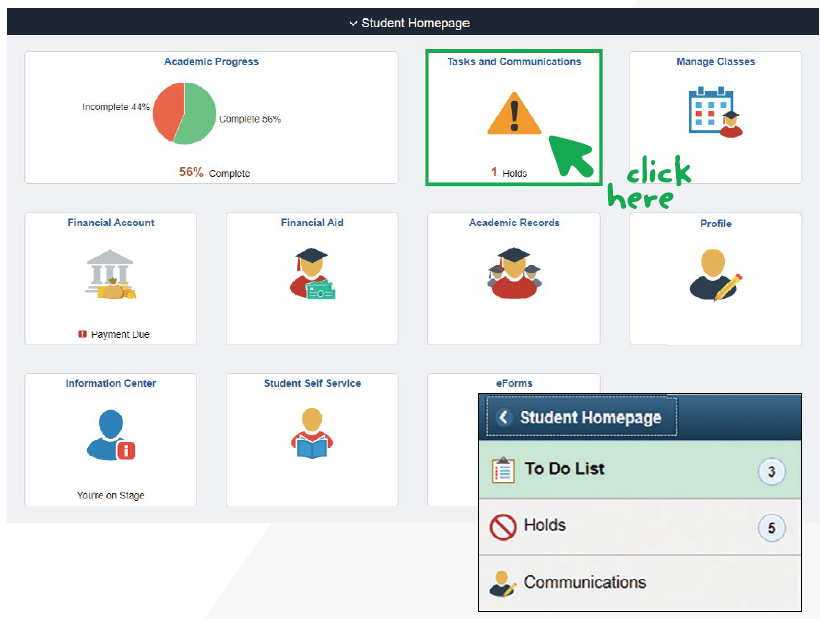 Screen shot showing where to review your tasks tile in Campus Connection