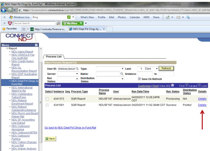 screen showing wher to click details for report