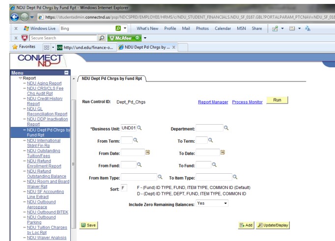 image of screen showing department report parameters