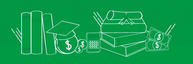 Illustration with books, money, calculator and diploma representing college financial aid