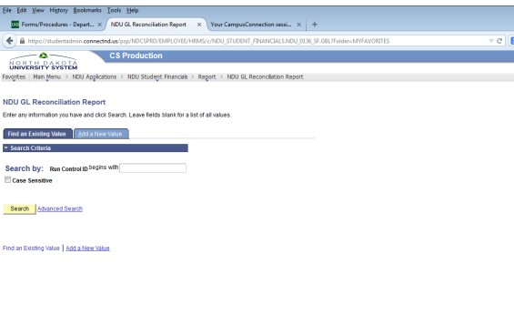 screenshot of campus connection and running new gl report