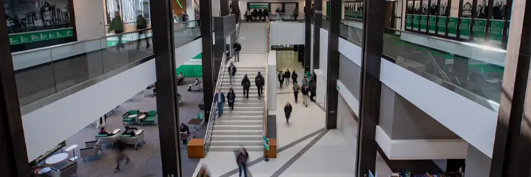 UND Business Students Walking in Nistler CoBPA