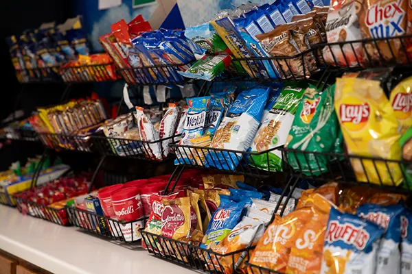snack items in neatly lined shelves