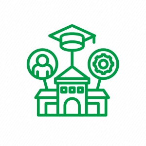 Icon of a campus building with a graduation cap on top and symbols representing people and tools, illustrating campus-based resources and education.