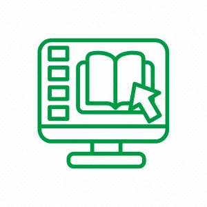 Icon of a computer monitor displaying an open book with a cursor pointer, representing online learning and digital resources