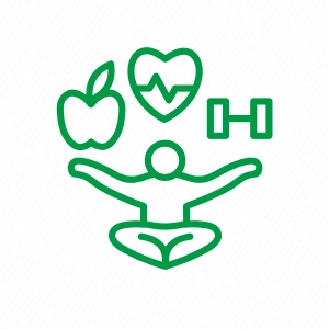 icon of a person sitting in a meditative pose, surrounded by a heart with a heartbeat line, a dumbbell, and an apple, symbolizing wellness, fitness, and healthy living.